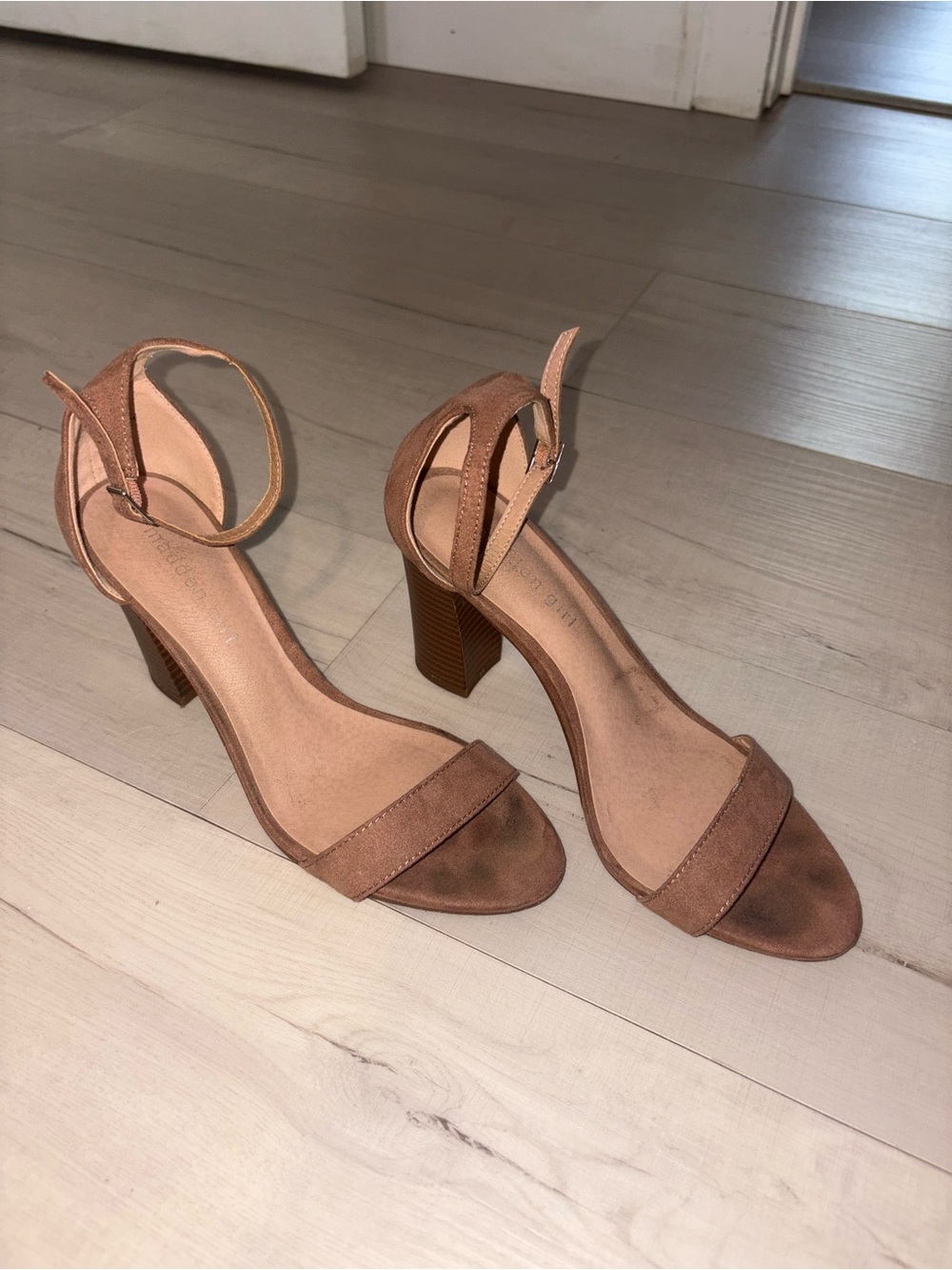 Madden Girl Blush Taupe Suede Ankle-Strap Block Heels